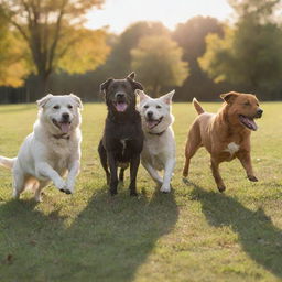 A group of happy and playful dogs of various breeds frolicking in a sunlit park.