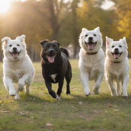 A group of happy and playful dogs of various breeds frolicking in a sunlit park.