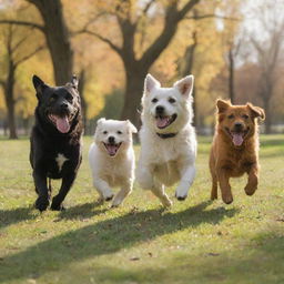 A group of happy and playful dogs of various breeds frolicking in a sunlit park.