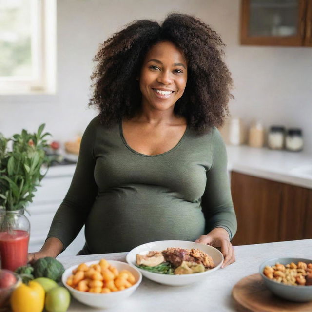 A radiant, black pregnant woman joyfully enjoying a healthy meal rich in protein, seated in a cozy setup showcasing positivity and a focus on nutritional health during pregnancy.