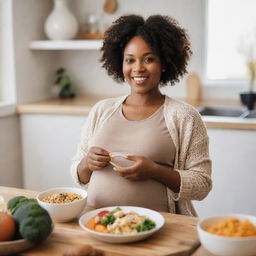 A radiant, black pregnant woman joyfully enjoying a healthy meal rich in protein, seated in a cozy setup showcasing positivity and a focus on nutritional health during pregnancy.