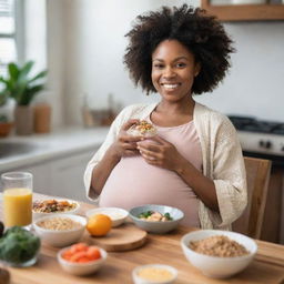 A radiant, black pregnant woman joyfully enjoying a healthy meal rich in protein, seated in a cozy setup showcasing positivity and a focus on nutritional health during pregnancy.