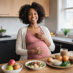 A radiant, black pregnant woman joyfully enjoying a healthy meal rich in protein, seated in a cozy setup showcasing positivity and a focus on nutritional health during pregnancy.