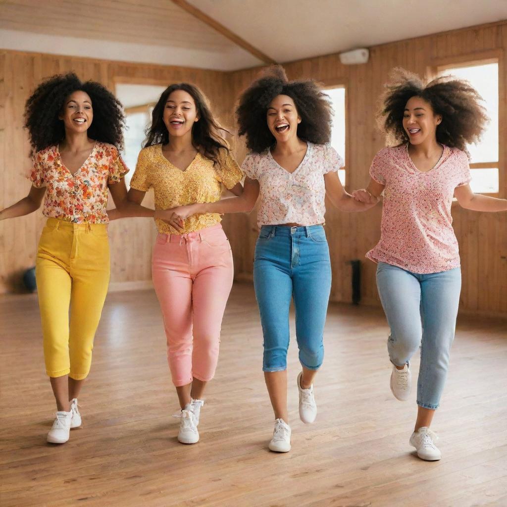 A group of lively girls joyfully dancing in vibrant and casual outfits on a sunlit wooden dance floor.