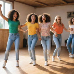 A group of lively girls joyfully dancing in vibrant and casual outfits on a sunlit wooden dance floor.