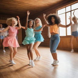 A group of lively girls joyfully dancing in vibrant and casual outfits on a sunlit wooden dance floor.