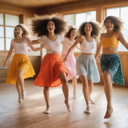 A group of lively girls joyfully dancing in vibrant and casual outfits on a sunlit wooden dance floor.