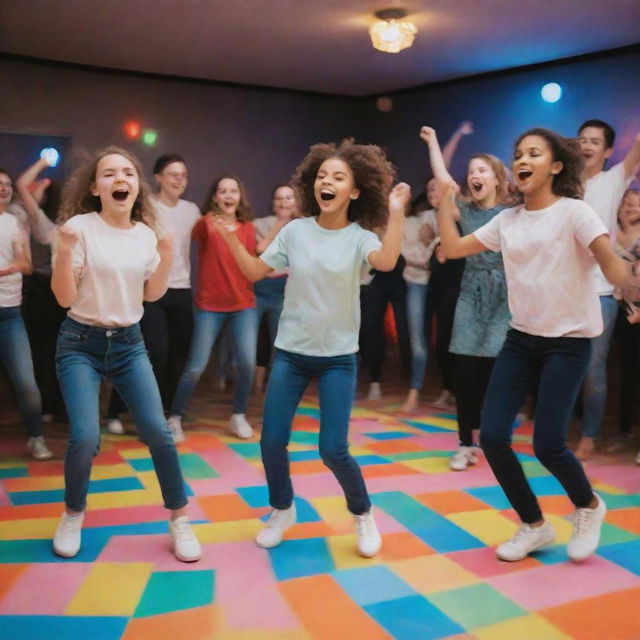 A group of girls and boys cheerfully dancing together in a festive environment with a colorfully lit dance floor.