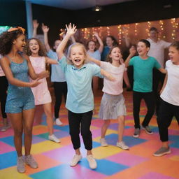 A group of girls and boys cheerfully dancing together in a festive environment with a colorfully lit dance floor.