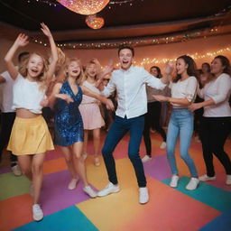 A group of girls and boys cheerfully dancing together in a festive environment with a colorfully lit dance floor.