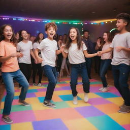 A group of girls and boys cheerfully dancing together in a festive environment with a colorfully lit dance floor.