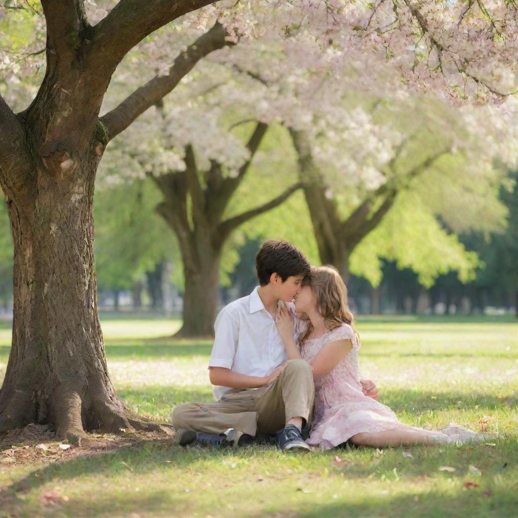 A young girl and boy sharing a tender moment of innocent love, seated in a beautiful park under the shade of a large, blossoming tree.