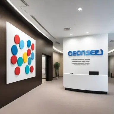 The sleek and modern design of the pharmaceutical office featured walls adorned with abstract paintings and a reception desk made of polished dexamethasone tablets.