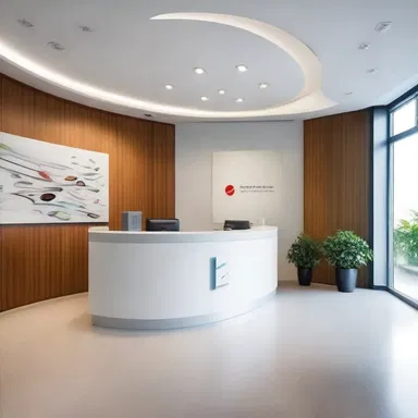 The sleek and modern design of the pharmaceutical office featured walls adorned with abstract paintings and a reception desk made of polished dexamethasone tablets.