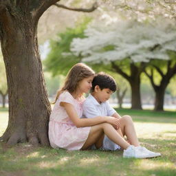 A young girl and boy sharing a tender moment of innocent love, seated in a beautiful park under the shade of a large, blossoming tree.