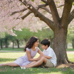 A young girl and boy sharing a tender moment of innocent love, seated in a beautiful park under the shade of a large, blossoming tree.