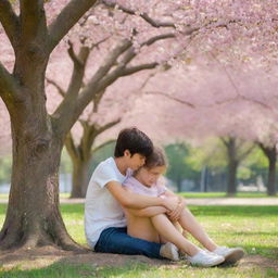 A young girl and boy sharing a tender moment of innocent love, seated in a beautiful park under the shade of a large, blossoming tree.