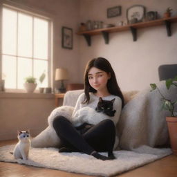 A charming scene of a Pixar-inspired brunette girl and her black and white cat in a cozy setting. Emphasize warmth, comfort, and delightful Disney-style visual elements.