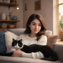 A charming scene of a Pixar-inspired brunette girl and her black and white cat in a cozy setting. Emphasize warmth, comfort, and delightful Disney-style visual elements.