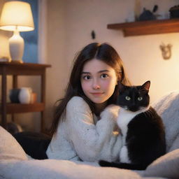 A charming scene of a Pixar-inspired brunette girl and her black and white cat in a cozy setting. Emphasize warmth, comfort, and delightful Disney-style visual elements.