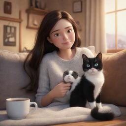 A charming scene of a Pixar-inspired brunette girl and her black and white cat in a cozy setting. Emphasize warmth, comfort, and delightful Disney-style visual elements.