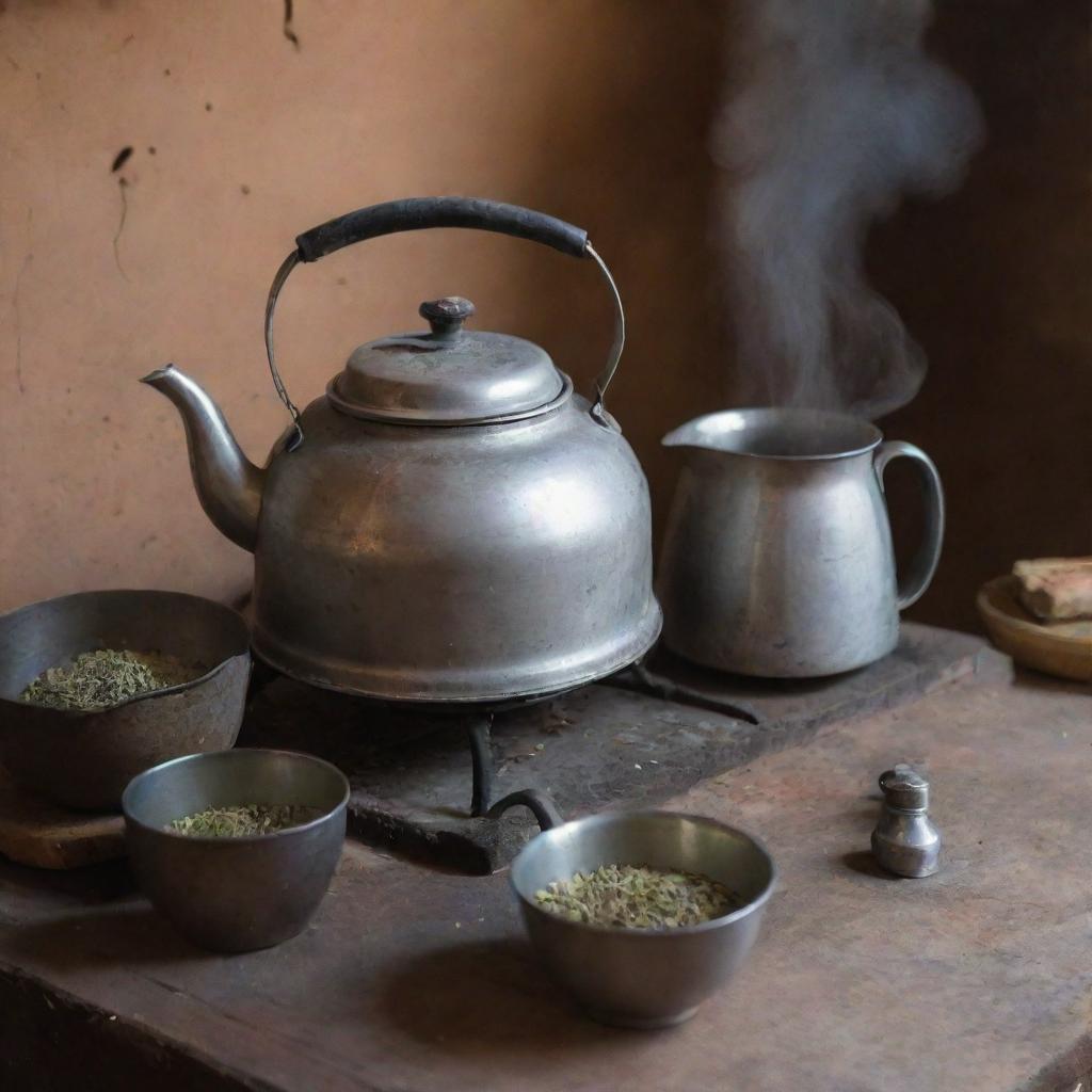 The traditional tea-making process in Pakistan, involving boiling tea leaves in a vintage kettle on a rustic stove, with ingredients like cardamom and milk nearby.