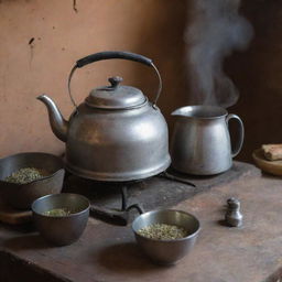 The traditional tea-making process in Pakistan, involving boiling tea leaves in a vintage kettle on a rustic stove, with ingredients like cardamom and milk nearby.