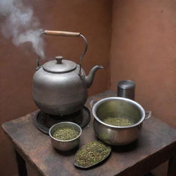 The traditional tea-making process in Pakistan, involving boiling tea leaves in a vintage kettle on a rustic stove, with ingredients like cardamom and milk nearby.