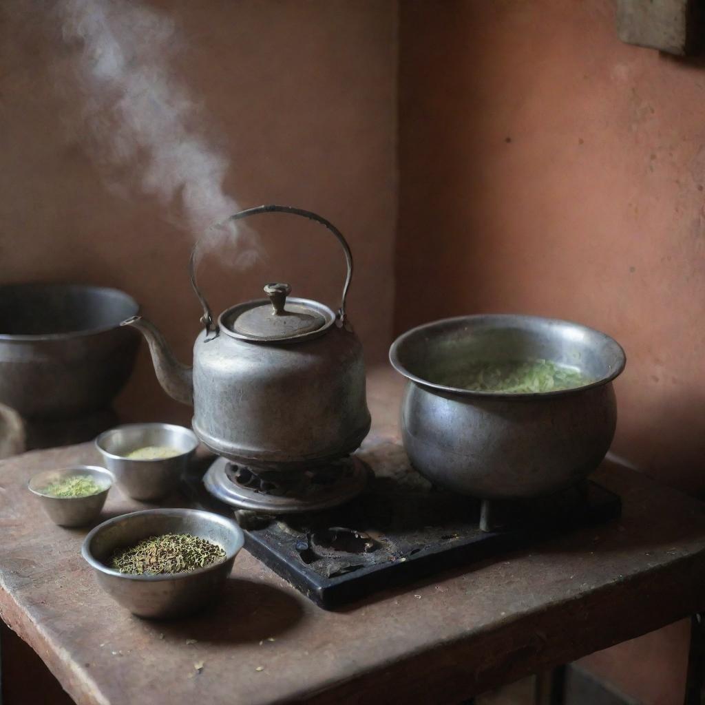 The traditional tea-making process in Pakistan, involving boiling tea leaves in a vintage kettle on a rustic stove, with ingredients like cardamom and milk nearby.