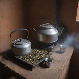 The traditional tea-making process in Pakistan, involving boiling tea leaves in a vintage kettle on a rustic stove, with ingredients like cardamom and milk nearby.