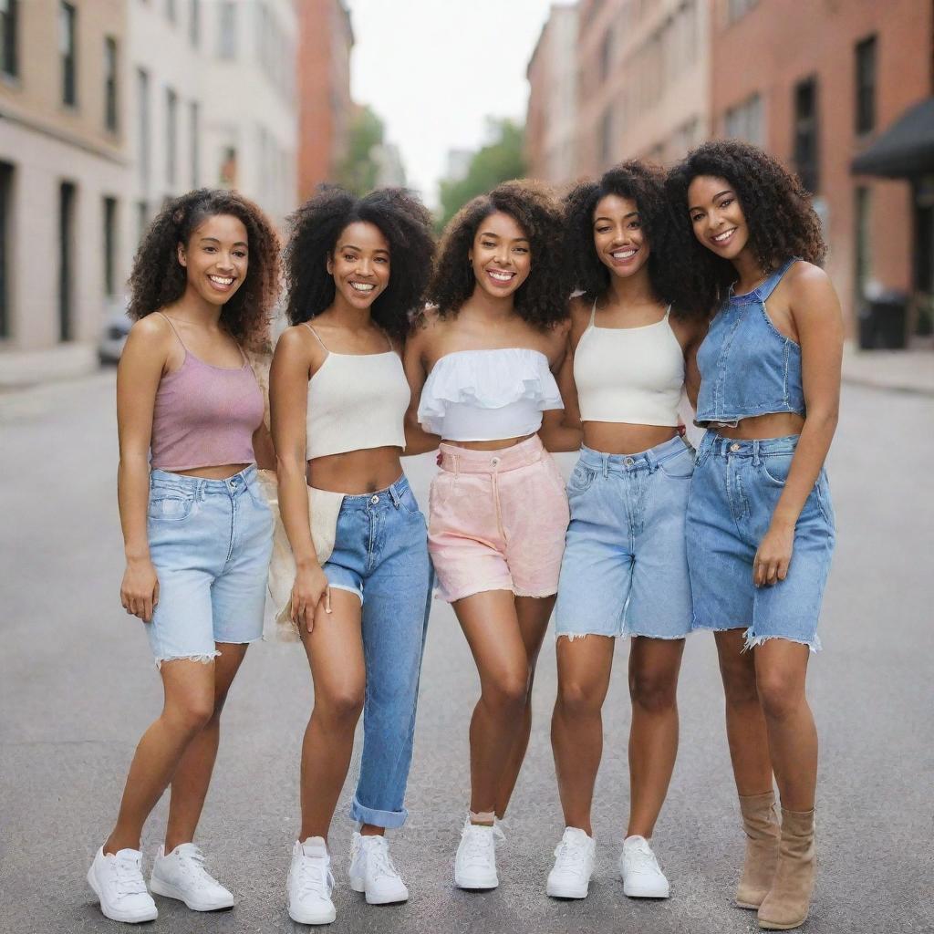 Posed group of diverse and radiant girls from the USA, dressed in stylish outfits, smiling cheerfully in a scenic urban landscape.