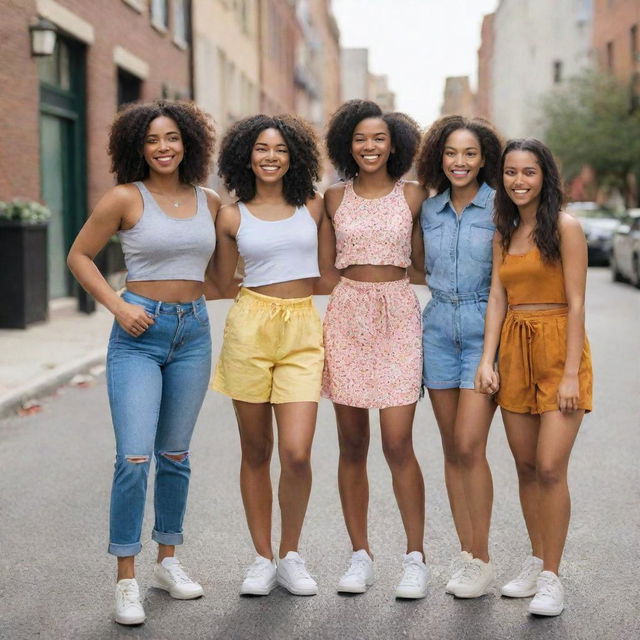 Posed group of diverse and radiant girls from the USA, dressed in stylish outfits, smiling cheerfully in a scenic urban landscape.