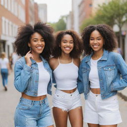 Posed group of diverse and radiant girls from the USA, dressed in stylish outfits, smiling cheerfully in a scenic urban landscape.