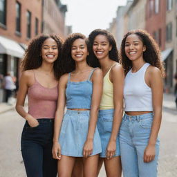 Posed group of diverse and radiant girls from the USA, dressed in stylish outfits, smiling cheerfully in a scenic urban landscape.