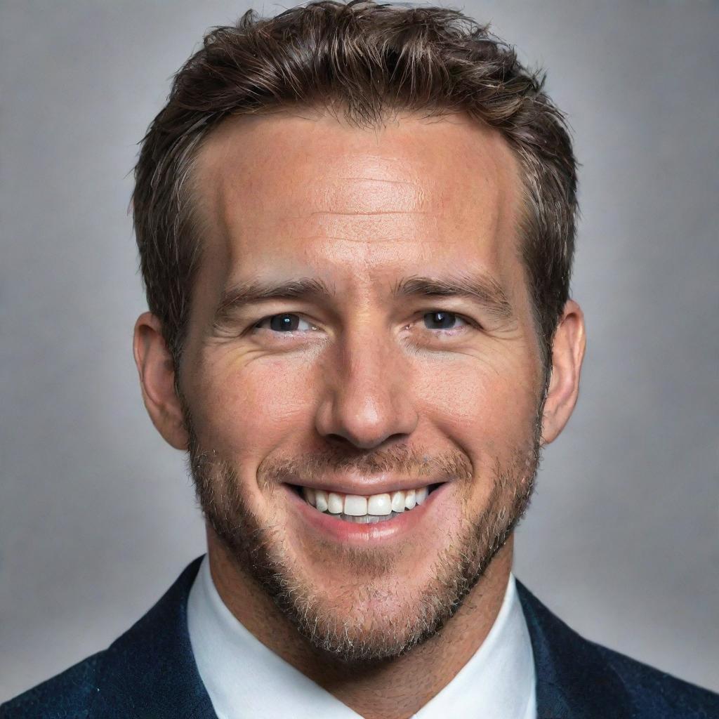 A high quality, realistic portrait of actor Ryan Reynolds, featuring his characteristic charming smile.