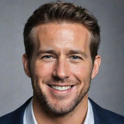 A high quality, realistic portrait of actor Ryan Reynolds, featuring his characteristic charming smile.