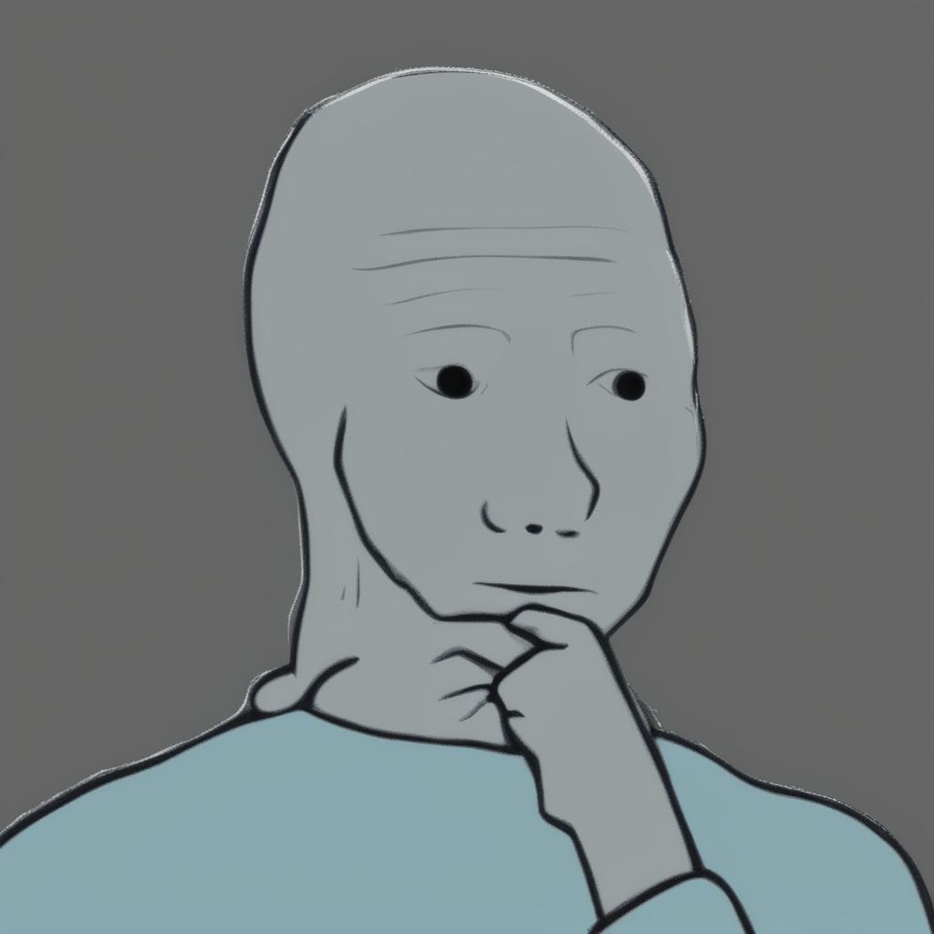 A high-quality digital art image of the internet character, Wojak, in a contemplative pose with his hand on his chin