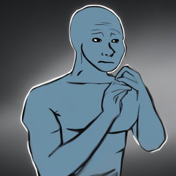 A high-quality digital art image of the internet character, Wojak, in a contemplative pose with his hand on his chin