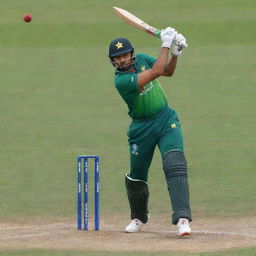 The talented cricketer Babar Azam in action, perfectly positioned for a powerful batting strike during a high-profile cricket match.