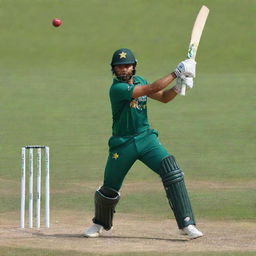 The talented cricketer Babar Azam in action, perfectly positioned for a powerful batting strike during a high-profile cricket match.