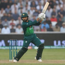 The talented cricketer Babar Azam in action, perfectly positioned for a powerful batting strike during a high-profile cricket match.