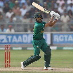 The talented cricketer Babar Azam in action, perfectly positioned for a powerful batting strike during a high-profile cricket match.