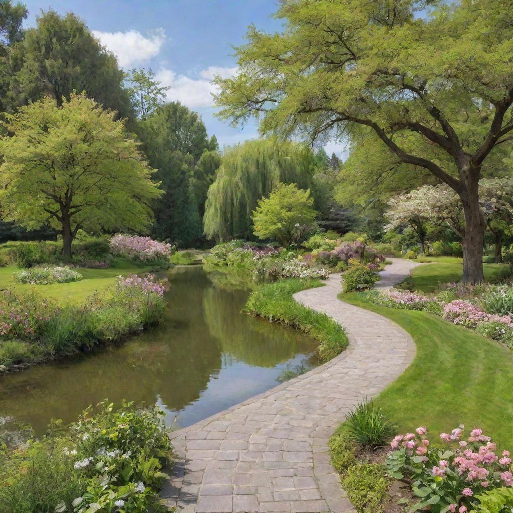 A beautiful park with lush green trees, blooming flowers, serene pond, and a winding pathway under a bright, sunny sky