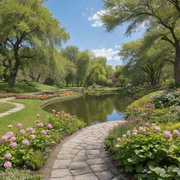 A beautiful park with lush green trees, blooming flowers, serene pond, and a winding pathway under a bright, sunny sky