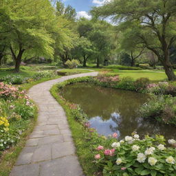 A beautiful park with lush green trees, blooming flowers, serene pond, and a winding pathway under a bright, sunny sky