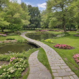 A beautiful park with lush green trees, blooming flowers, serene pond, and a winding pathway under a bright, sunny sky