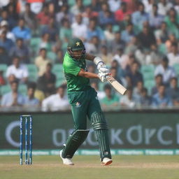 A dynamic image of Pakistani cricket player Babar Azam in action, skillfully swinging his bat mid-game. The stadium background is filled with energetic fans.