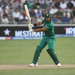 A dynamic image of Pakistani cricket player Babar Azam in action, skillfully swinging his bat mid-game. The stadium background is filled with energetic fans.