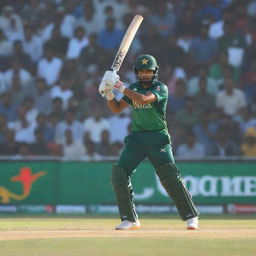 A dynamic image of Pakistani cricket player Babar Azam in action, skillfully swinging his bat mid-game. The stadium background is filled with energetic fans.