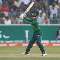 A dynamic image of Pakistani cricket player Babar Azam in action, skillfully swinging his bat mid-game. The stadium background is filled with energetic fans.